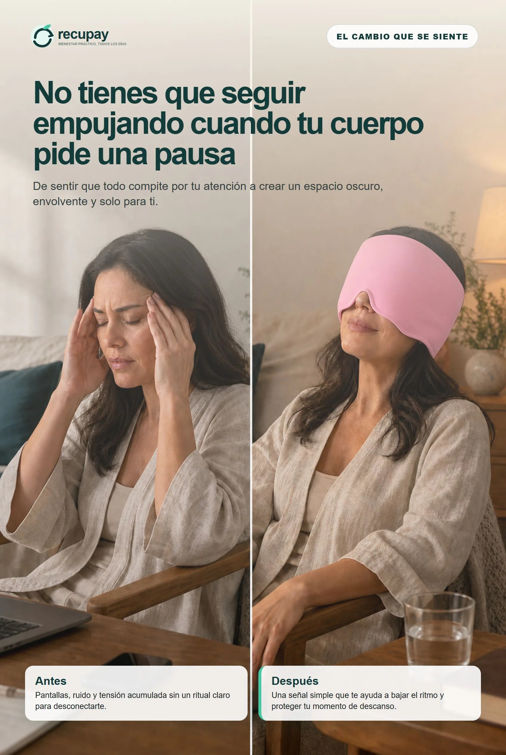 La misma mujer pasa de la sobrecarga a una pausa protegida con Calma