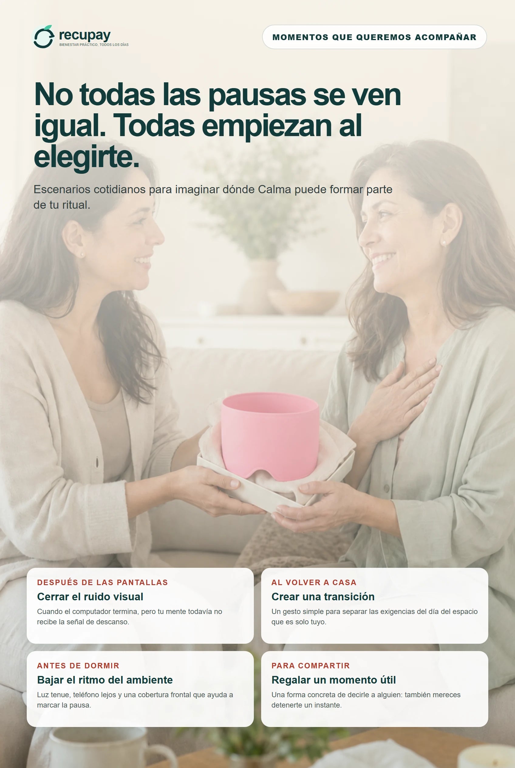 Dos mujeres comparten un gorro Calma tubular continuo