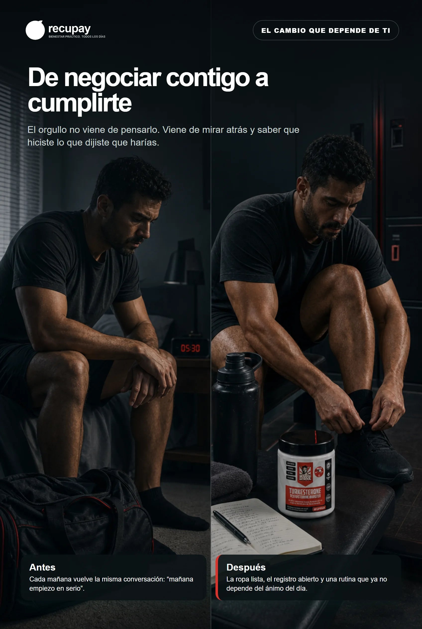 El mismo hombre pasa de dudar a cumplir su rutina de entrenamiento