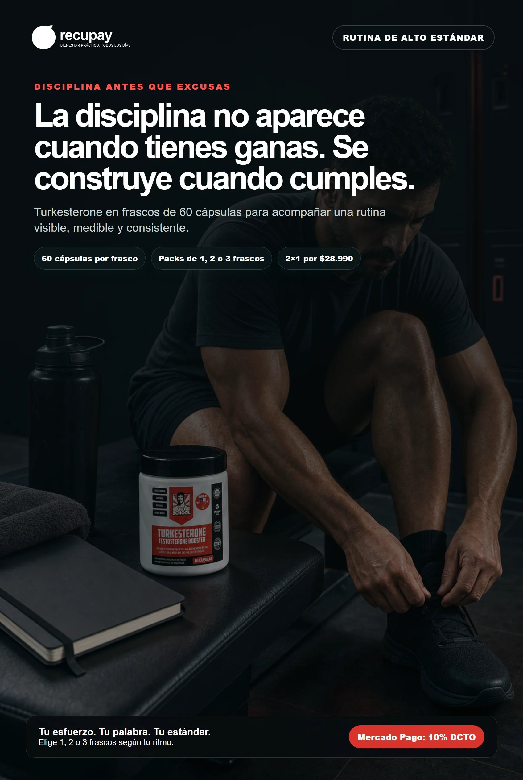 Hombre prepara su entrenamiento junto a un frasco Turkesterone