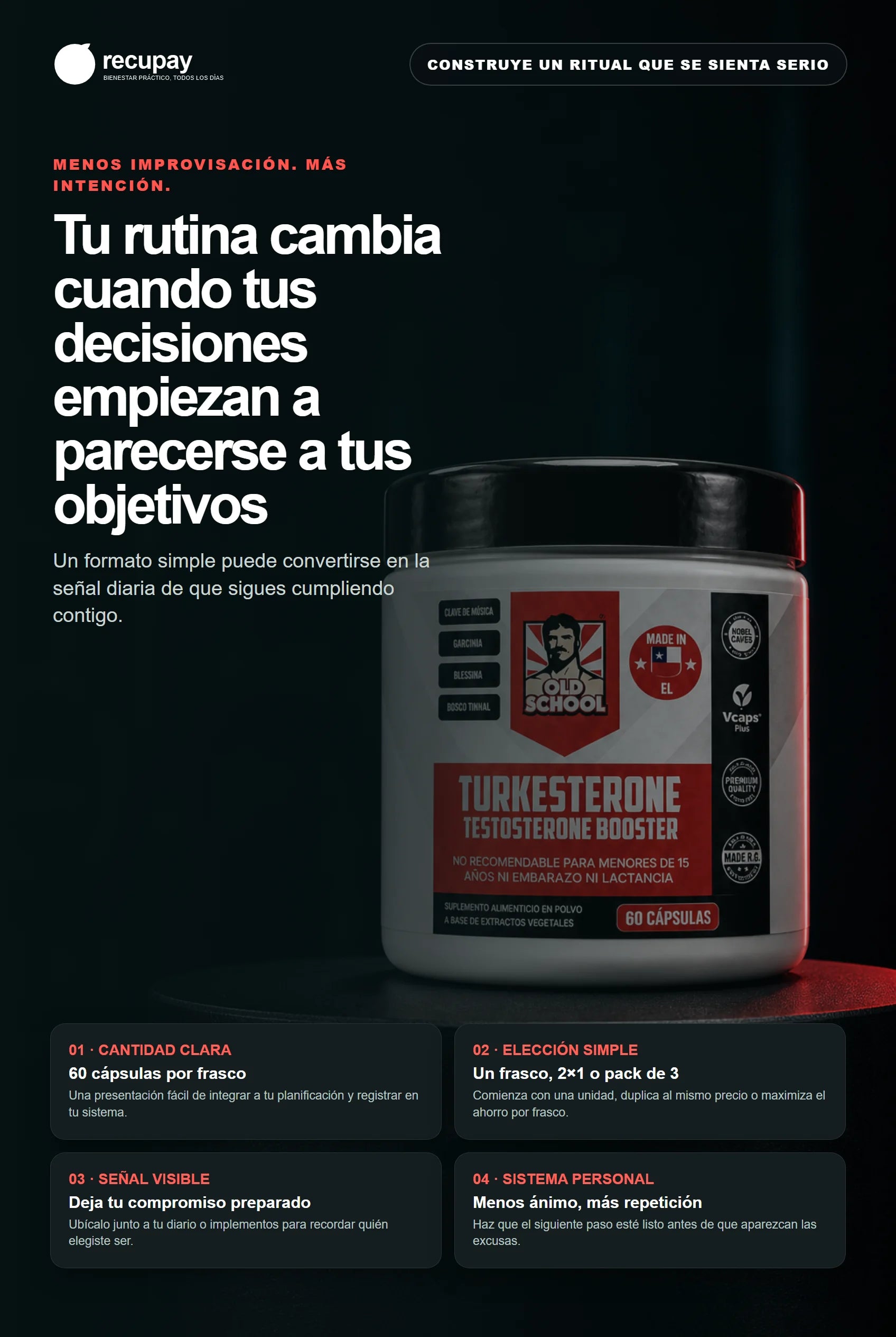 Frasco Turkesterone como señal visible de una rutina disciplinada